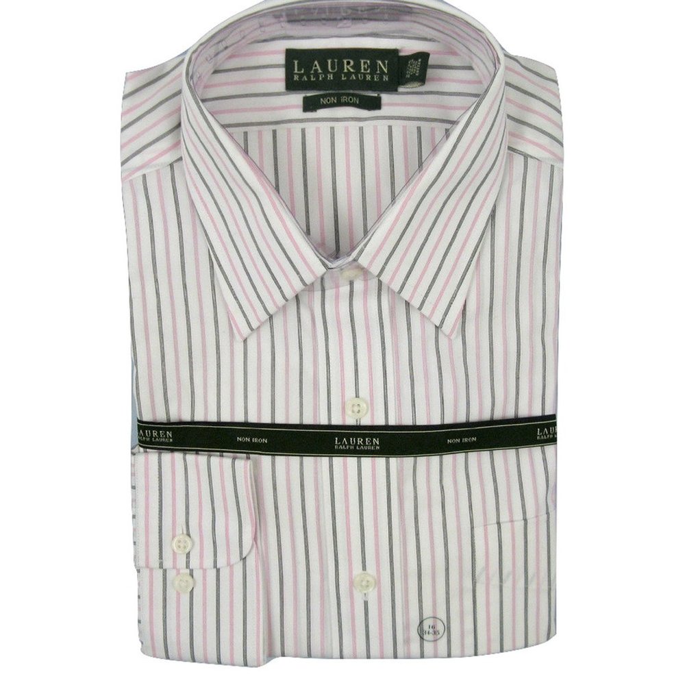 NEW $70 Lauren Ralph Lauren Non Iron Dress Shirt 16.5 32 33 White & Pink Striped